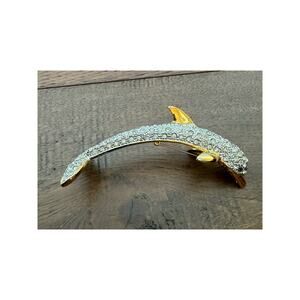 Vintage Leaping Dolphin Porpoise Shoulder Clear Rhinestone Pin Brooch Gold Tone
